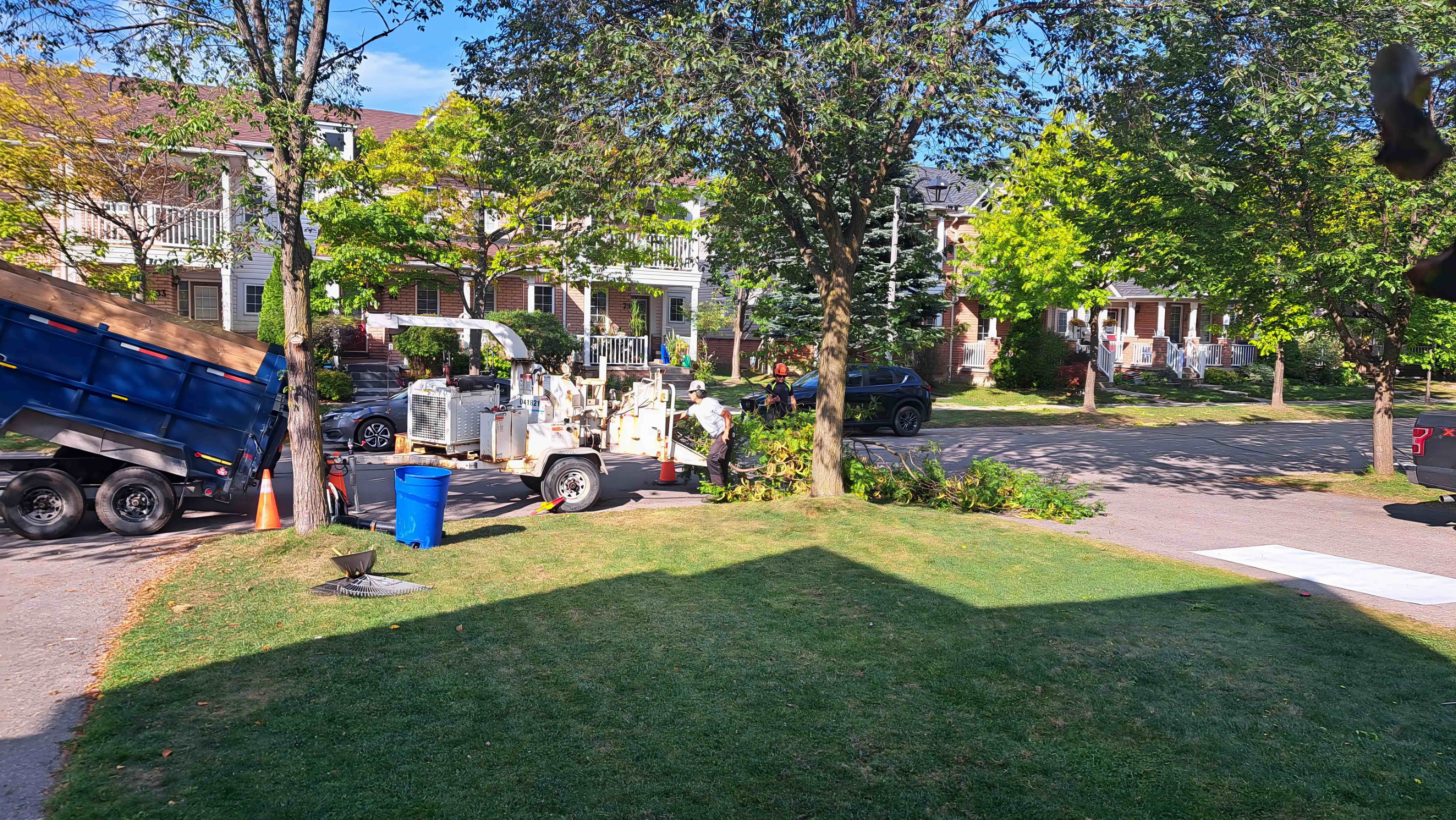 Storm damage cleanup with equipment and crew